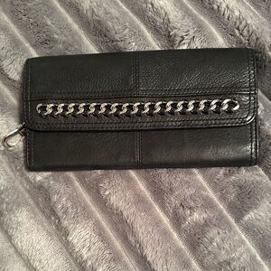 B. Makowsky Black Leather Wallet with Silver Chain Accent